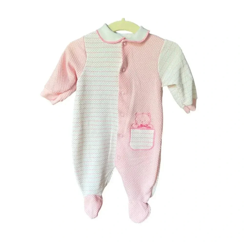 Vintage baby girl footie pajamas sleeper embroidered collar teddy bear onesie